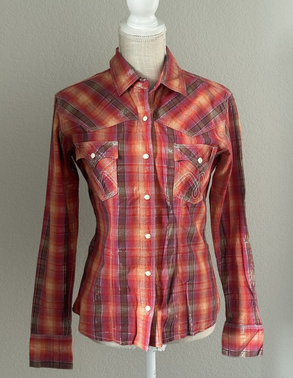 Panhandle Slim Womens Western Plaid Snap Front Shirt Red Black Texas Size S